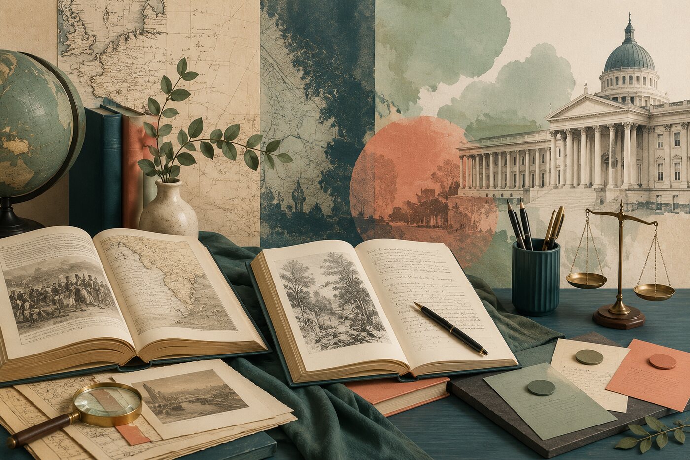 Illustrated study scene bringing together History, English Literature and Politics