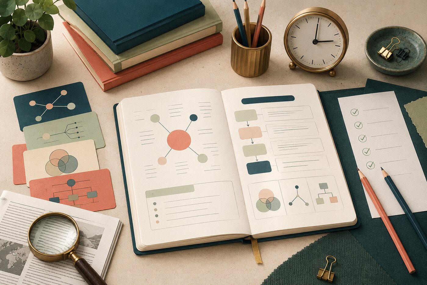 Illustrated study desk with revision planning, source analysis and essay-structure materials